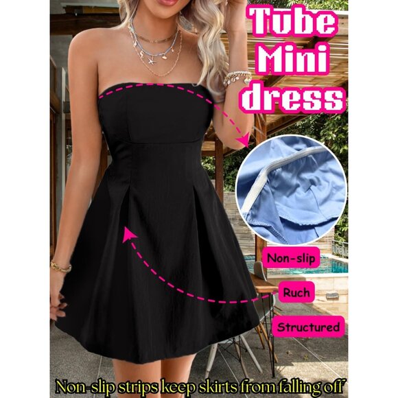 Strapless Mini Dress Black Polyester Elastane A-Line Backless Cut-Out Women - Picture 2 of 7